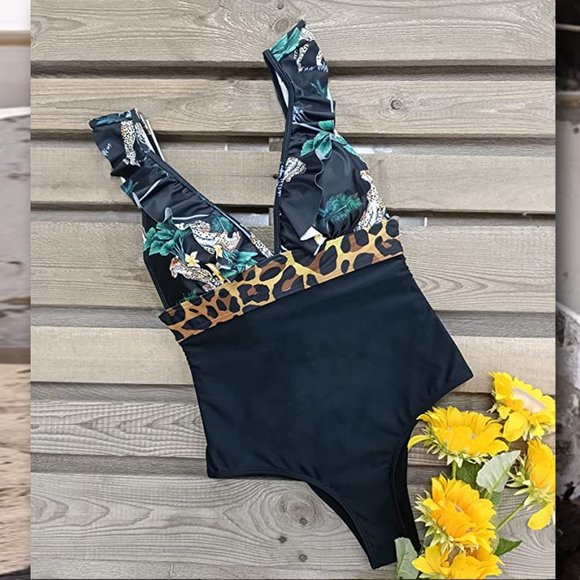 SPORLIKE One Piece V-Neck Ruffle Bathing Suit  🐅  NEW WITH TAG! - Picture 3 of 12